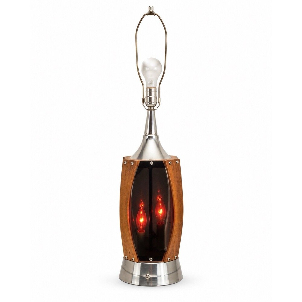 Vintage Mid Century Modern Atomic Table Lamp Wood Smoked Glass Accent Light